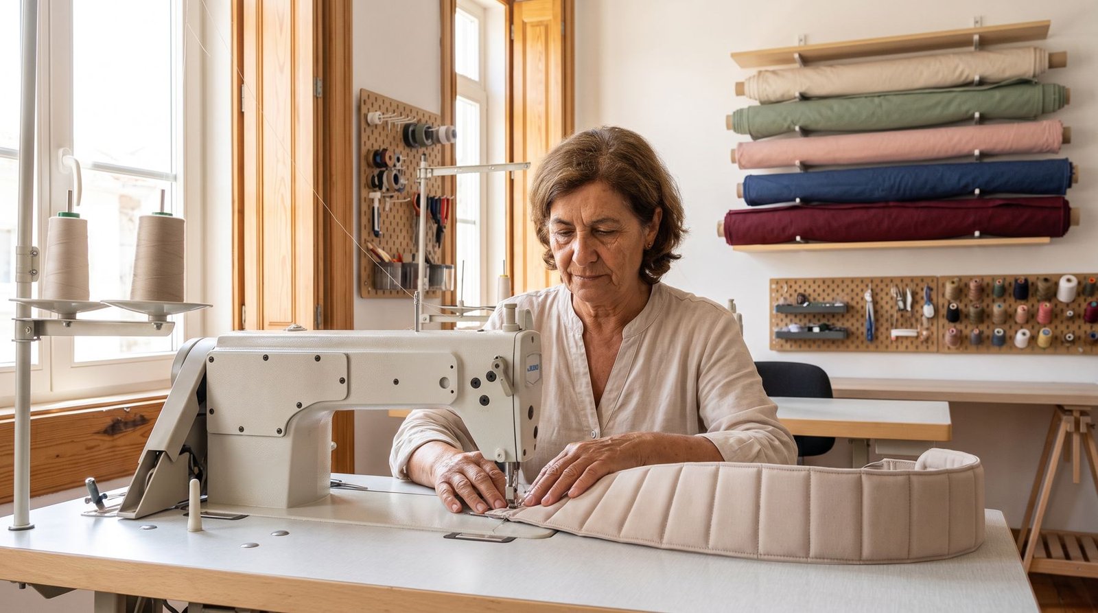 A seamstress sewing the quilted belt