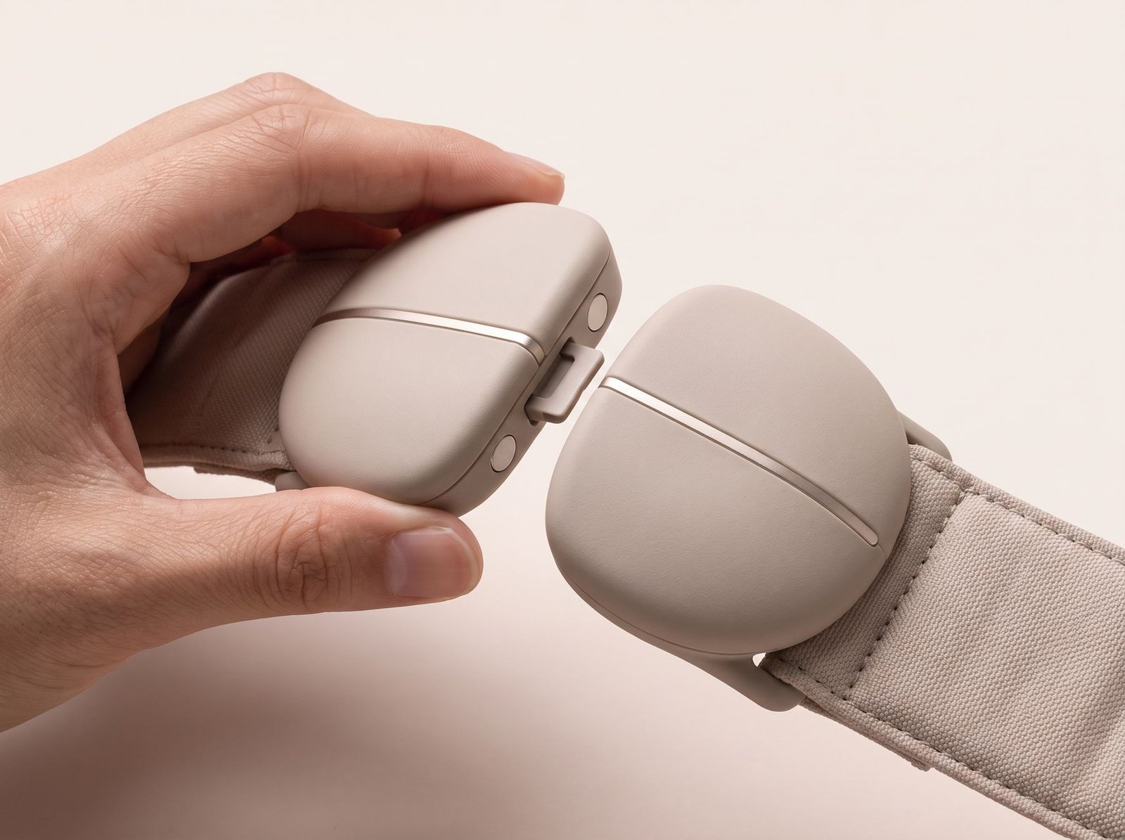 A hand pressing a rounded module onto the cushioned belt clip
