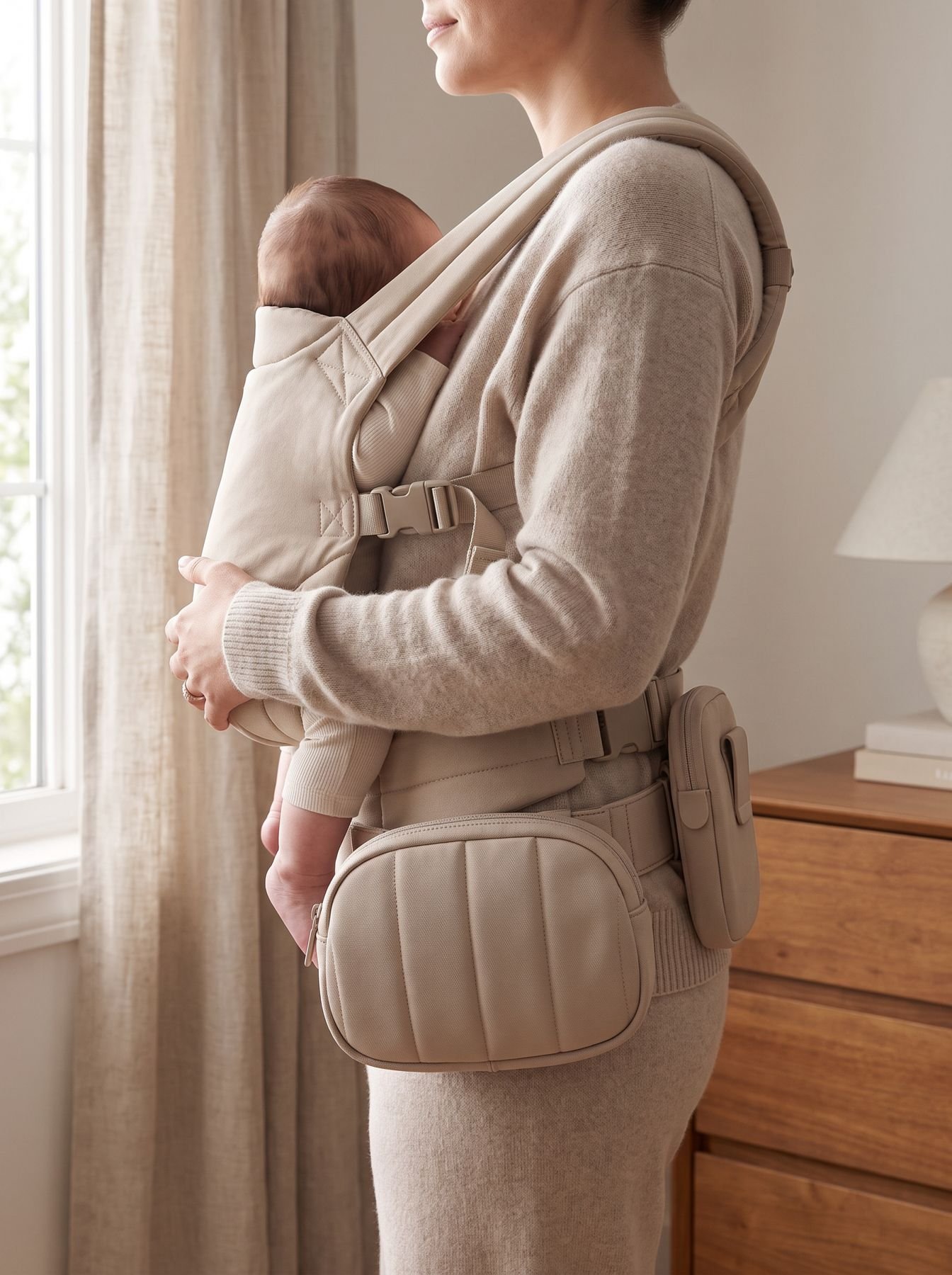 Belt worn under a front baby carrier with a side pod