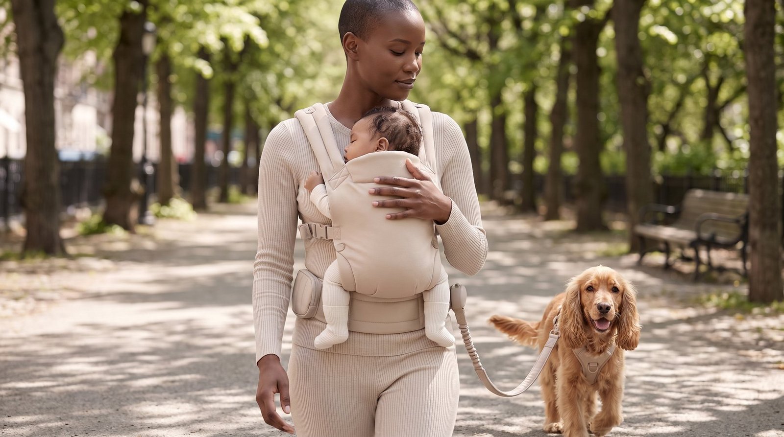 Woman with baby walking a cocker spaniel, leash clipped to her belt