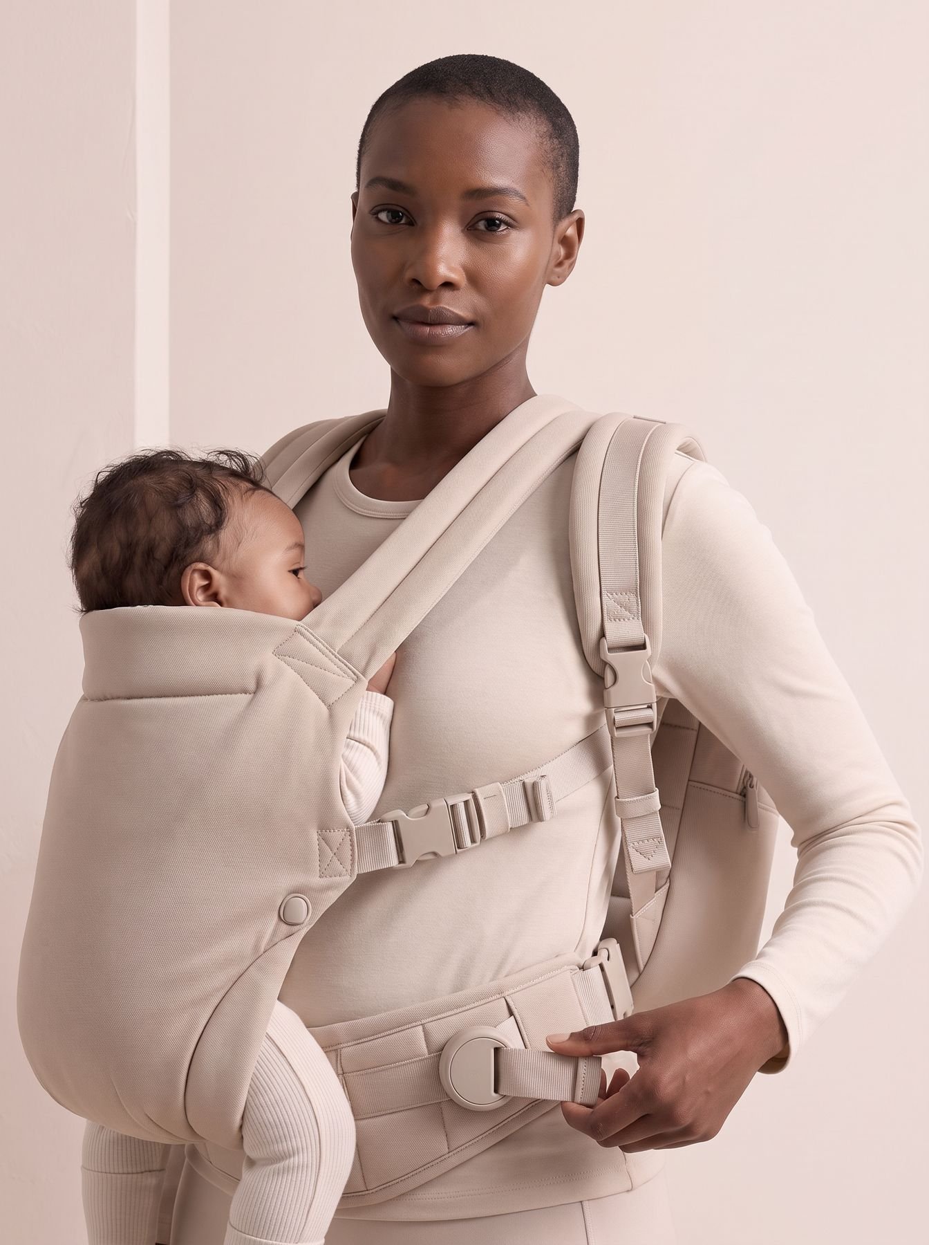 Front view with the harness straps clipped to the belt