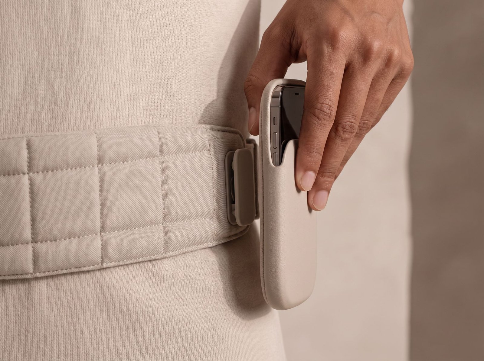 Hand taking a phone from the sleeve on the belt