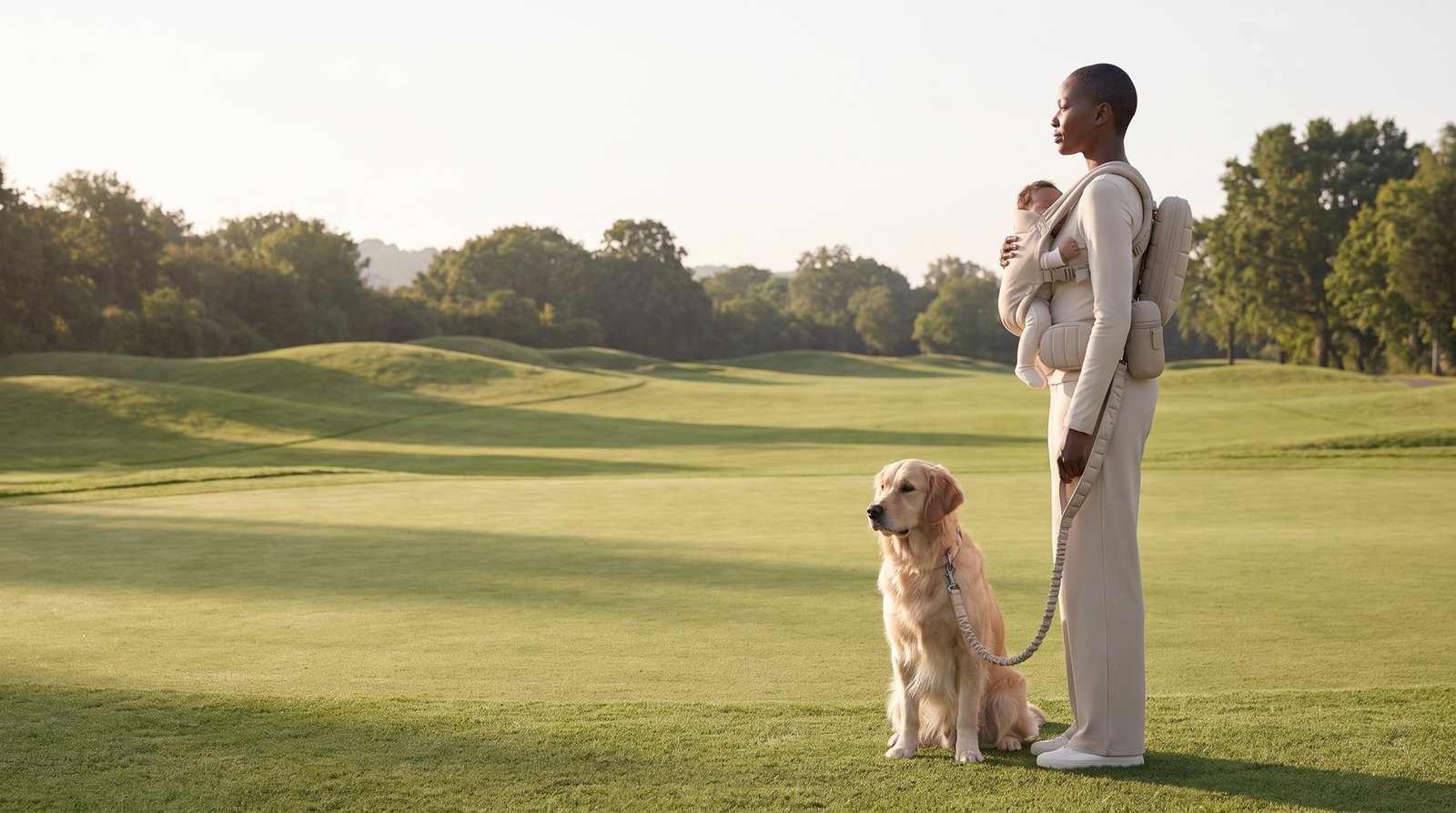 Woman with baby on a golf course with a golden retriever on the belt leash