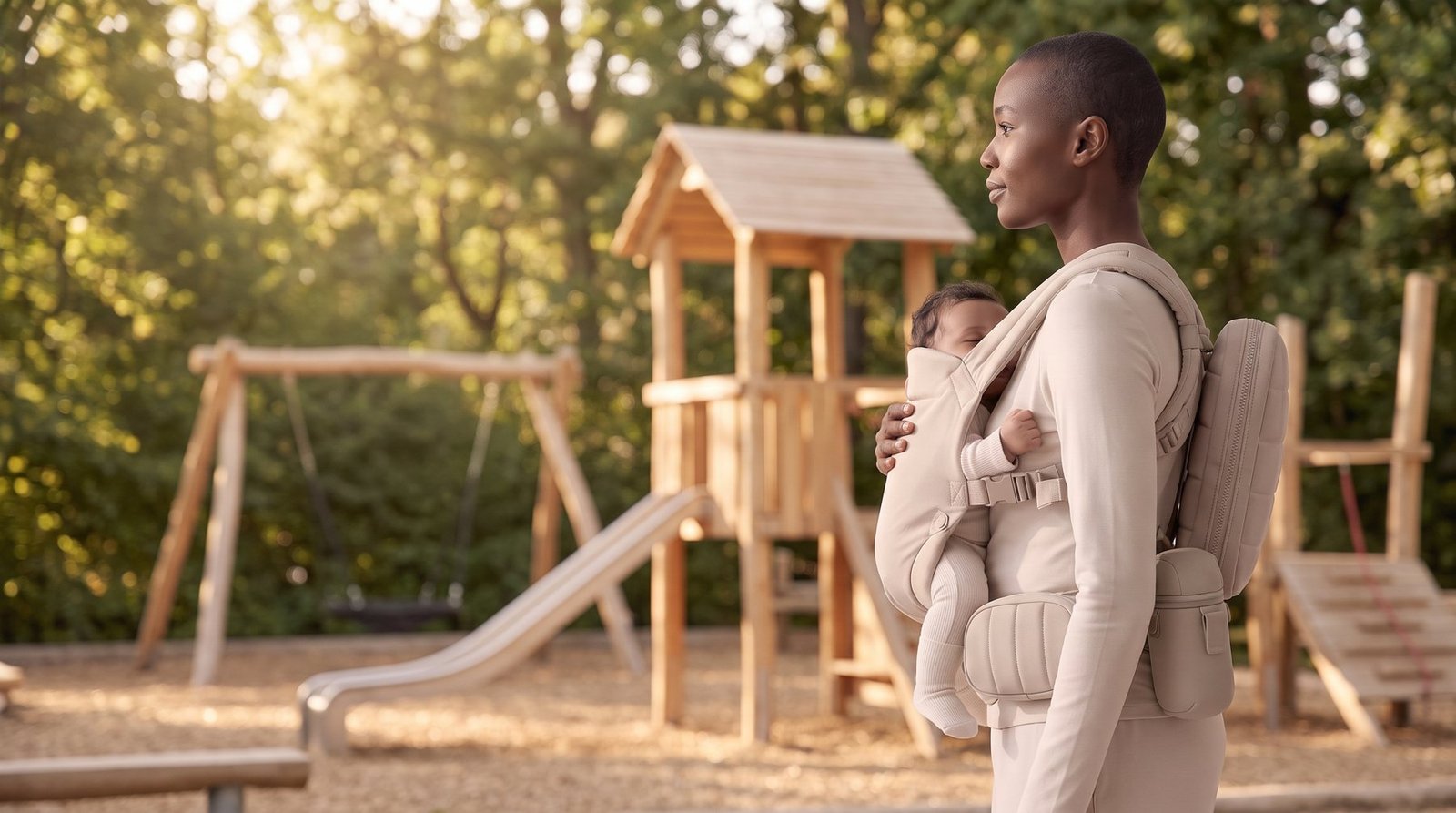 Woman with baby and the belt at a wooden playground
