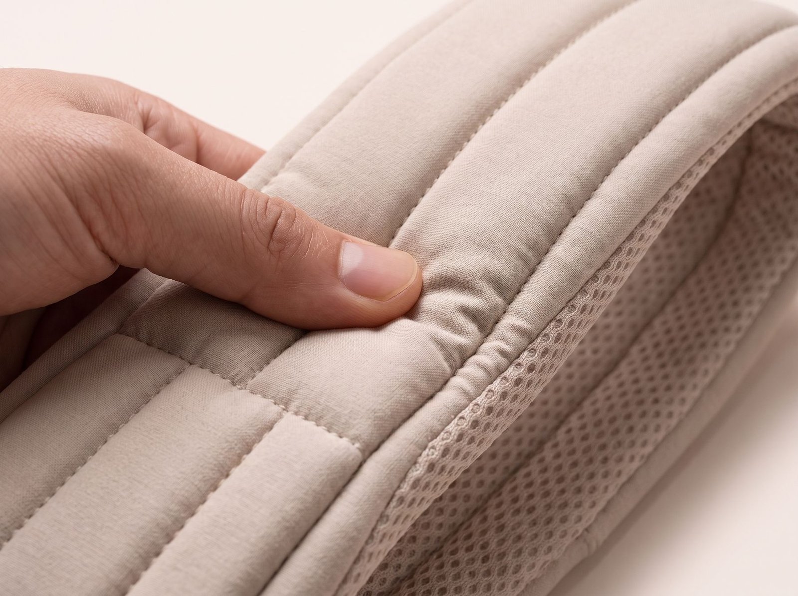 A thumb pressing into the quilted cushion of the belt