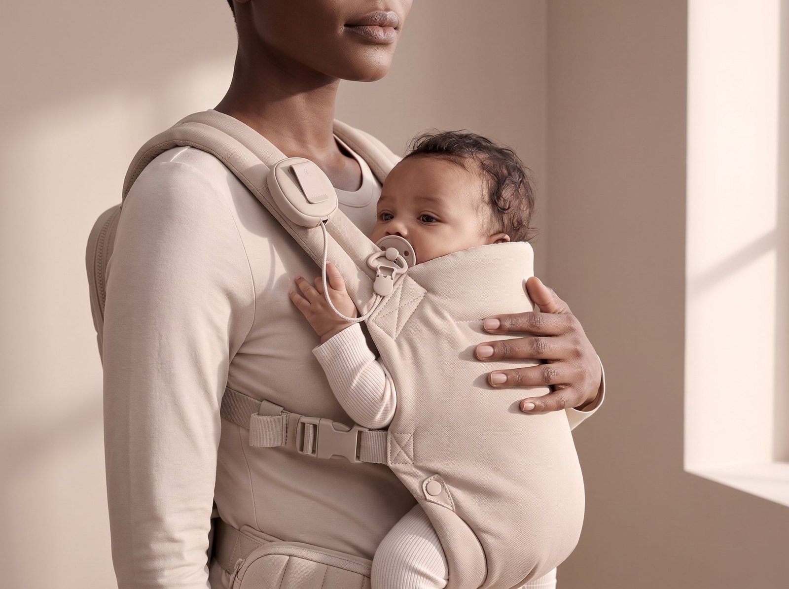Soother tag on the carrier shoulder strap between the mother's chin and the baby's head