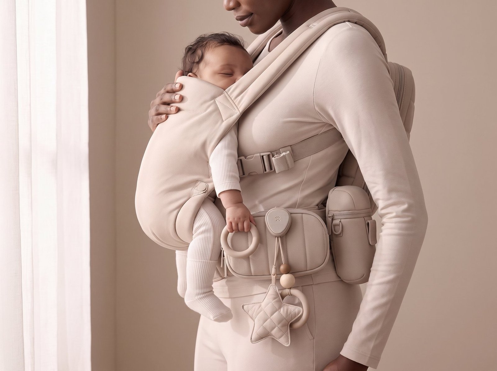 Baby in the carrier holding a ring charm hanging from the belt