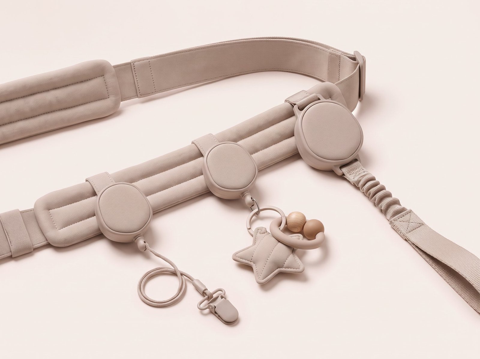 Three tags clipped to the belt: soother tag, play tag with charms, and the dog reel with bungee and leash